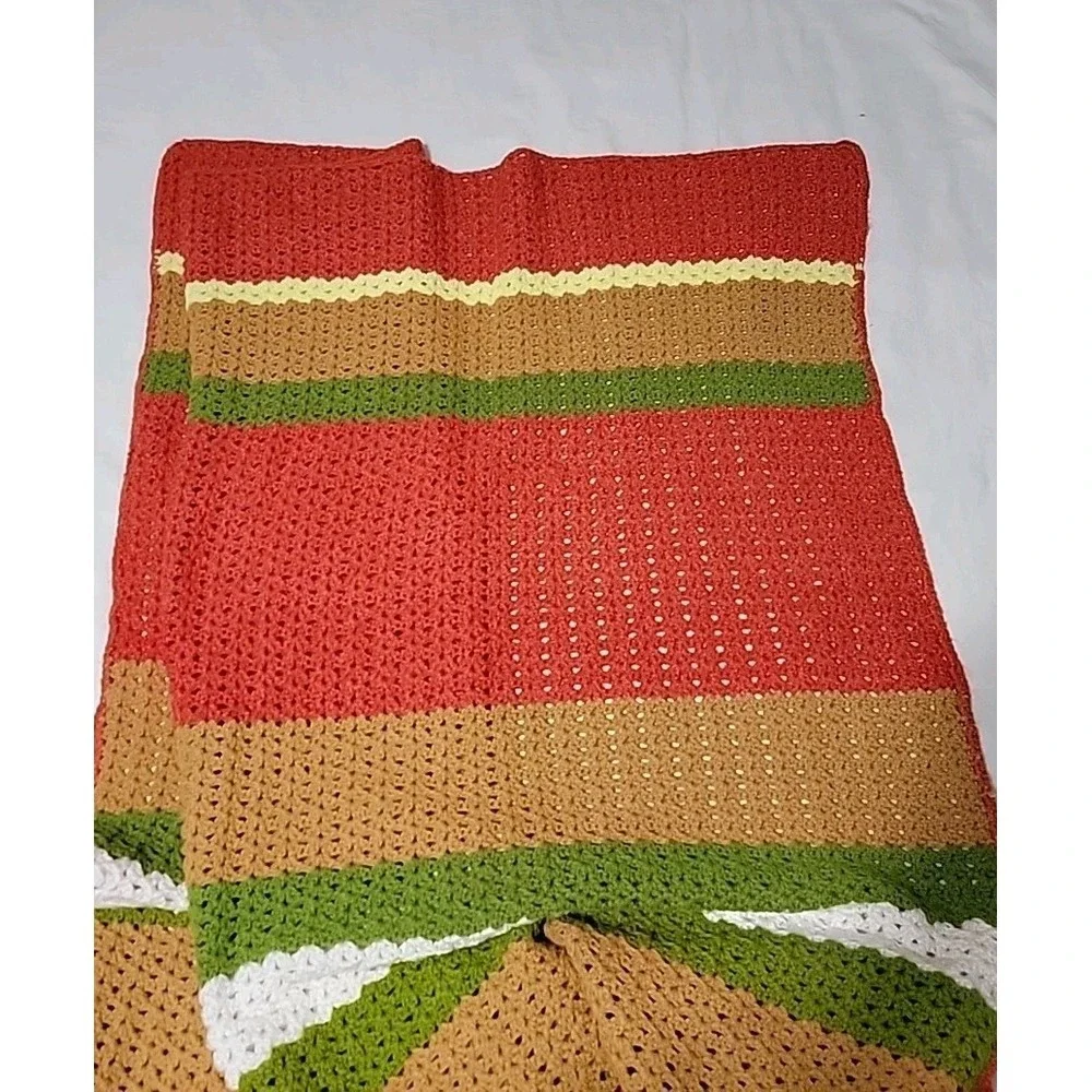 Large Handmade Crocheted Afghan, Orange Yellow Brown Green Stripes, 56‎ X 72